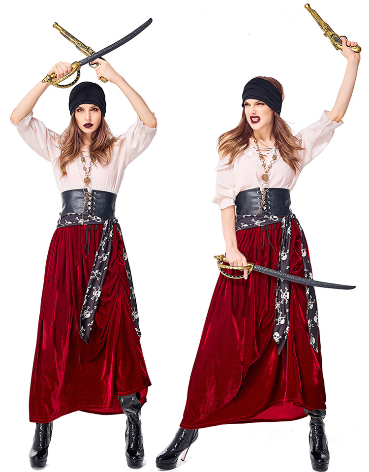 Women Caribbean Pirates Captain Costume Halloween Cosplay Suit Medoeval Gothic
